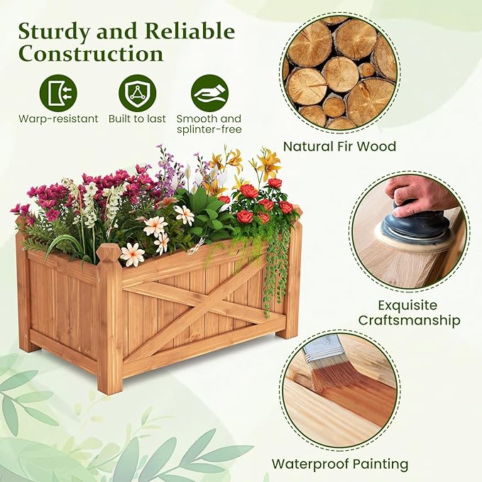 HAPPYGRILL Wooden Raised Garden Bed Solid Wood Gardening Plant Container w/Drainage Holes for Flower Vegetable Fruit Outdoor Elevated Planter Box for Patio Garden Yard Balcony (25”x 16”x 15”)