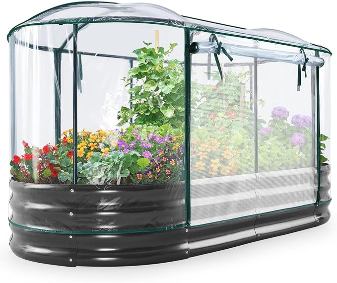 KING BIRD Raised Garden Bed with Cover Galvanized Oval Planter Garden Box Outdoor for Gardening Vegetables Flowers 71x36x12 in Clear
