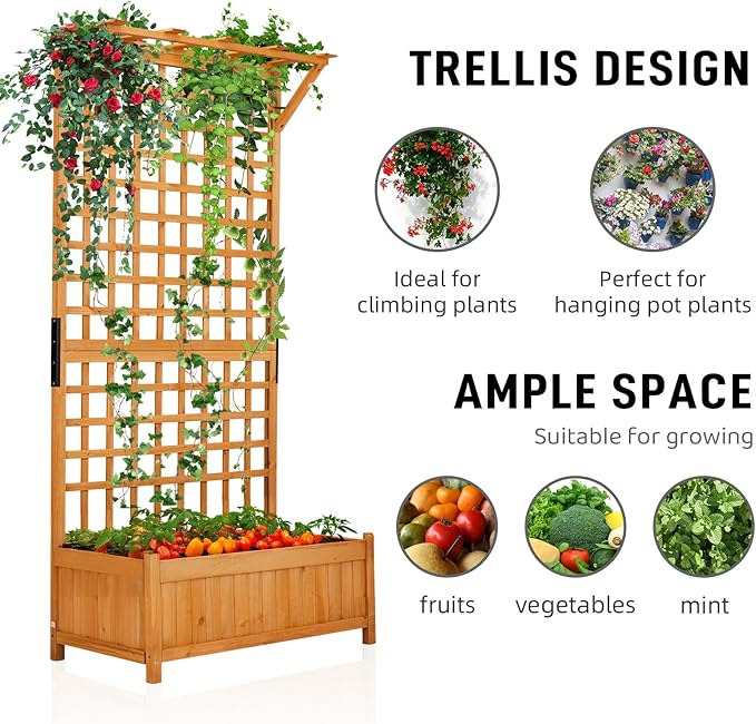 Vasitelan Horticulture Garden Planter with Trellis for Vine Climbing Plants Box Outdoor w/Drainage Holes Raised Garden Bed Planter Box for FlowersHerbs