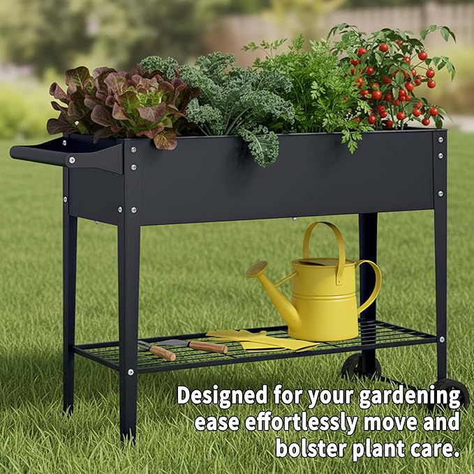 Elevate 2Pcs 32 Tall Raised Garden Bed with WheelPlanter Box for BackyardOutdoor Garden Patio Balcony 400lb CapacityGrey