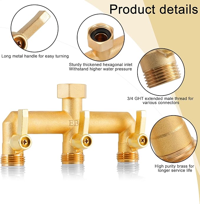 EBH Brass Garden Hose Splitter 3 Way Outdoor Faucet Splitter 3 Long Metal Handle and Individual On/Off Valve GHT 3/4-Inch Heavy Duty Hex Female Inlet and 3/4-Inch Male Outlet