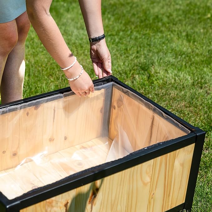 Sunnydaze Steel-Framed Acacia Wood Rectangular Planter Box - 15.5 H Wooden Raised Garden Bed with Removable Planter Bag - Natural