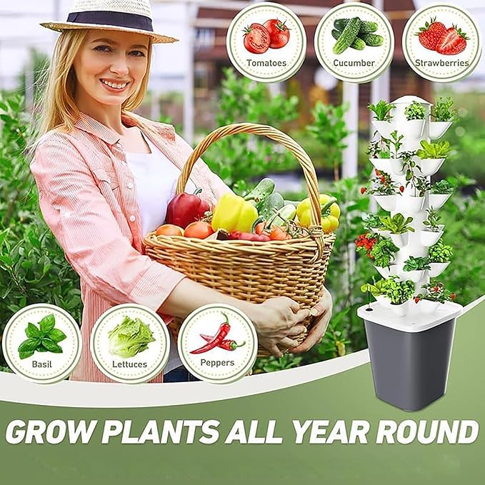 Hydroponic System Hydroponic Tower 30 Pots Aeroponic Tower Planting Tower with Irrigation Vertical Planter Pump Tower for Home Kitchen Gardening Fruit and Vegetables(Color:Black)