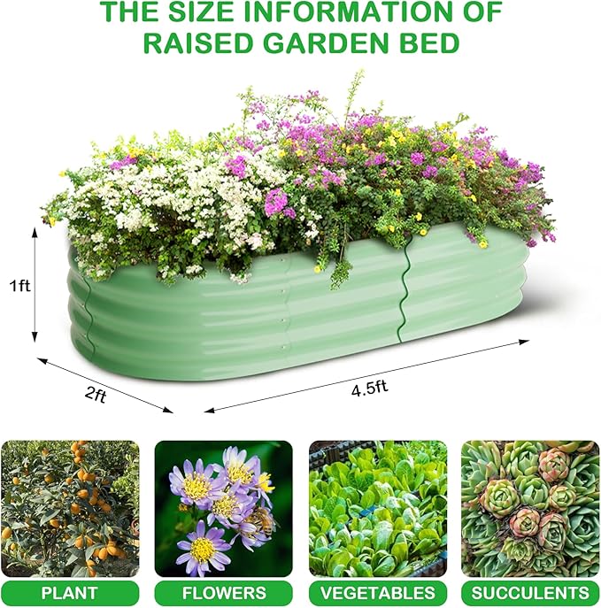 2 Pcs 4.5x2x1ft Galvanized Raised Garden Bed OutdoorPlanters for Outdoor PlantsOpen-Ended Base Planter Raised BoxesOval Metal Planter Box for Vegetables Flowers FruitsRubber Edge Green
