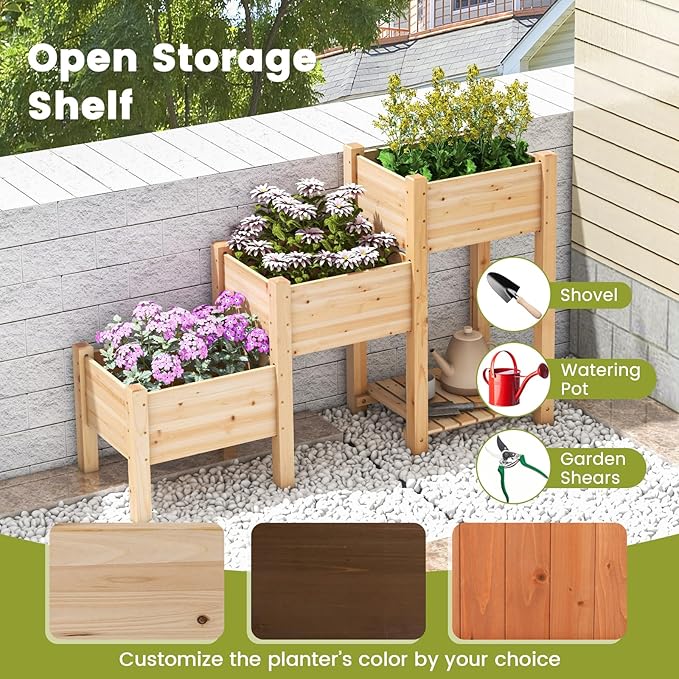 HAPPYGRILL 3-Tire Raised Garden Bed Wooden Raised Planter Box with 3 Planter Boxes Drainage Holes Open Storage Shelf Outdoor Garden Bed with Legs for Plant Fruit Vegetable Flower Herb