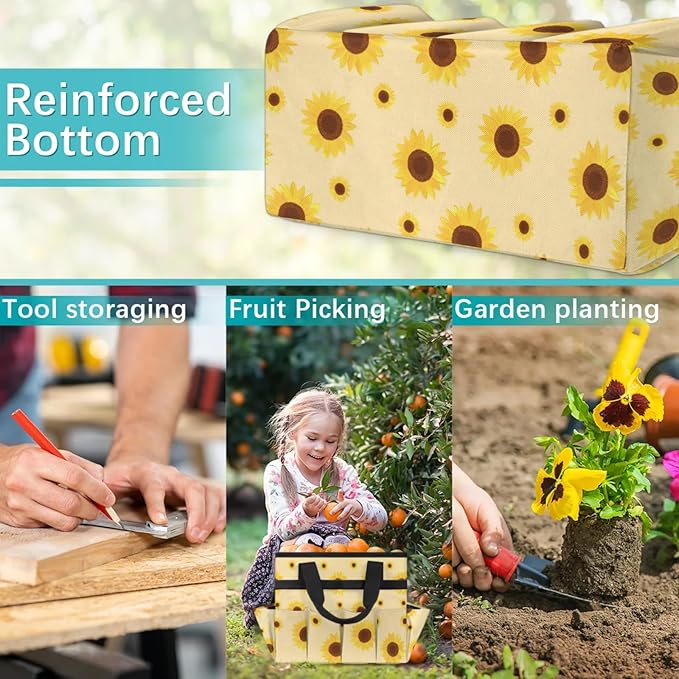 Sunflower Gardening Tool BagHeavy Duty Garden Tote BagPortable Oxford Gardening Storage Basket Organizer Handbag with Pockets HandleHand Tools Gifts for Outdoor Garden Lawn Yard