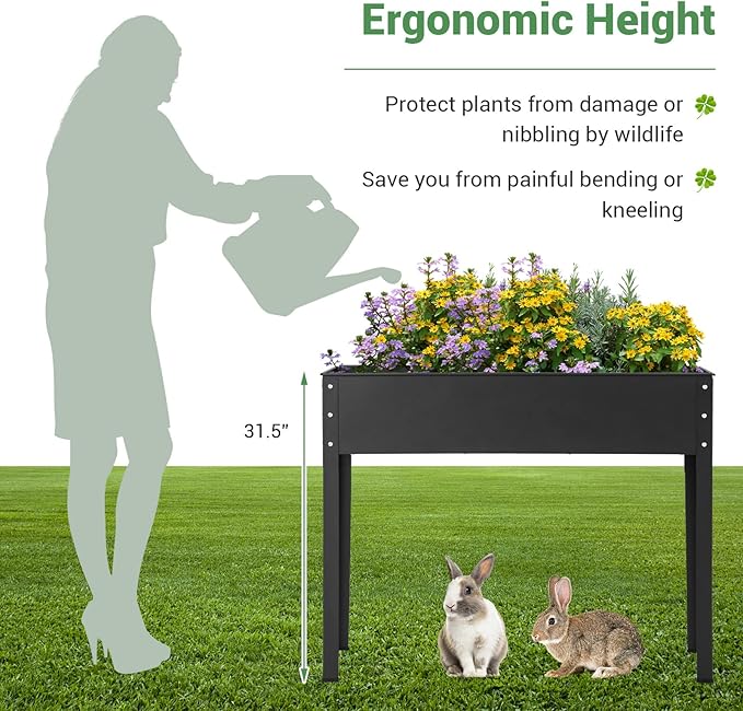 Giantex Raised Garden Bed Metal Planter Box with Legs Drain Hole Outdoor Indoor Elevated Garden Box for Vegetable Flower Herb Fruit Standing Raised Beds for Backyard Porch Balcony Black