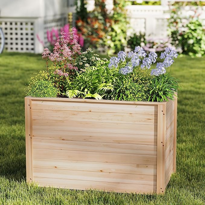 Giantex Set of 2 Wood Raised Garden Bed 40x25x26 Elevated Planter Box w/Open-Ended Base for Deep-Rooted Plant Vegetable Fruit Flower Outdoor Solid Wood Planter for Patio Backyard (40x25x26)