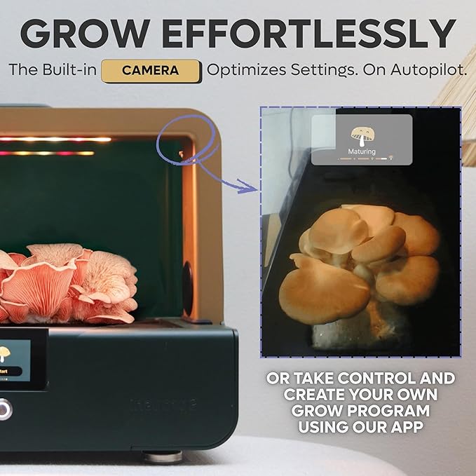 Smart Mushroom Growing Kit – Harvest in 7 Days | Grow Lion’s Mane Reishi &amp Rare Mushrooms You Can't Buy Anywhere Else | AI-Powered Humidity O2 and Lighting + Timelapse Camera | Matte Black