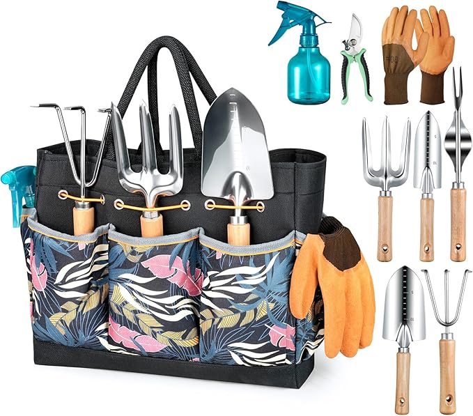 Gardening Tools 9-Piece Heavy Duty Garden Hand Tools with Fashion and Durable Garden Tools Organizer Handbag Rust-Proof Garden Tool Set Ideal Gardening Gifts for Women
