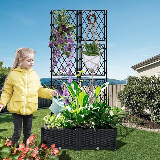 Planter with Trellis - Raised Garden Bed with Trellis 75.5x31.5x16 Privacy Screen Planter Box with Drainage Hole Outdoor Raised Garden Bed for Climbing Plants