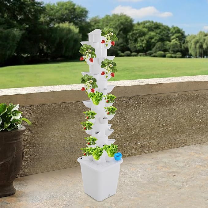 45-Pod Hydroponic Tower Growing System Hydroponic Gardening Kit for Indoor Vertical Garden - 9 Tier 45 Holes with 2.64Gal Tank &amp Pump for Vegetables Herbs Flowers - Freestanding White PP Desig