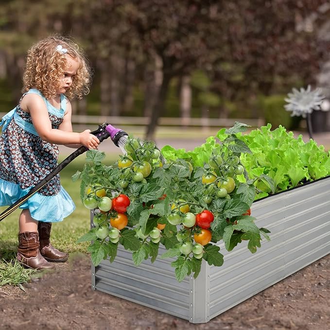 HAPPYGRILL 6x3x2 FT Raised Garden Bed Elevated Planter Box Kit with 4 Ground Stakes Outdoor Rectangular Metal Raised Garden Bed for Backyard Patio Vegetables Flowers Herbs Fruits Succulents