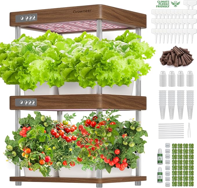 GROWNEER HydroEasy1.0 Hydroponic Growing System 2-Tier Indoor Garden with Full-Spectrum LED Grow Lights 32 Pods Solid Wood Design Independent Water Circulation Ideal for Vegetables Herbs Walnut