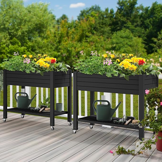 YITAHOME 43.3x17.7x34 in Elevated Garden Bed 2pcs Outdoor Plastic Planter Box with Wheels Legs Drain Plug and Storage Shelf for Plants Vegetables Flowers Herbs Black