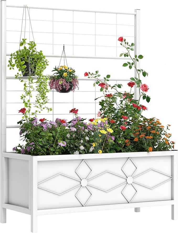 Outsunny Planter Box with Trellis 35.4 x 15.7 x 47.2 inch Raised Garden Bed with Drainage Holes Planters for Outdoor Plants Vegetables Flowers Herbs Trellis Planter White