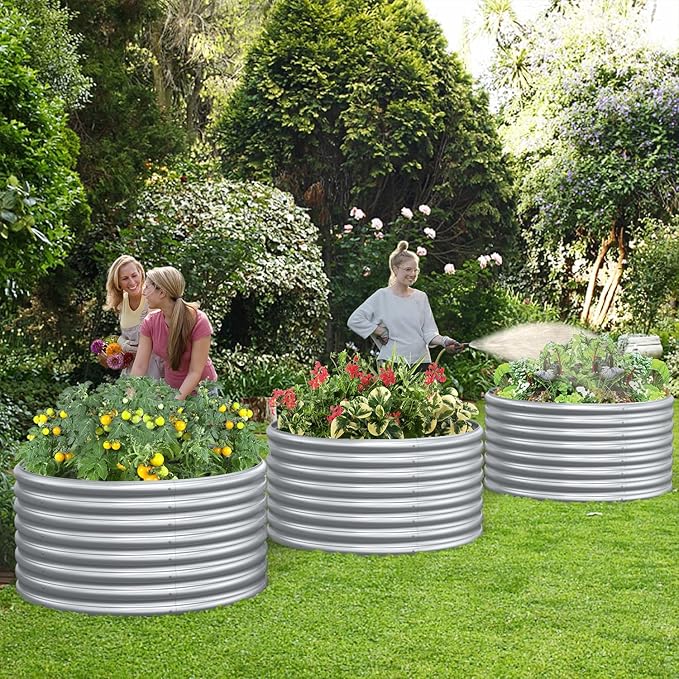 FRIZIONE 2-Pack 3x2FT Tall Round Raised Garden Bed for Vegetables Outdoor Garden Raised Planter Box Backyard Patio Planter Raised Beds for Flowers Herbs Fruits