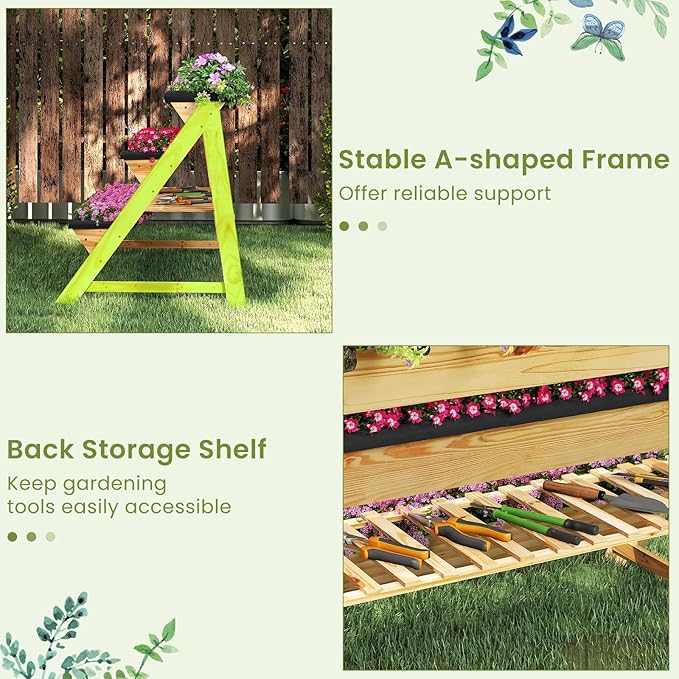 HAPPYGRILL 3-Tier Wooden Raised Garden Bed Elevated Planter Box Kit with Legs &amp Liners for Flower Herb Vegetable Indoor Outdoor Vertical Raised Bed for Gardening Patio Balcony Greenhouse