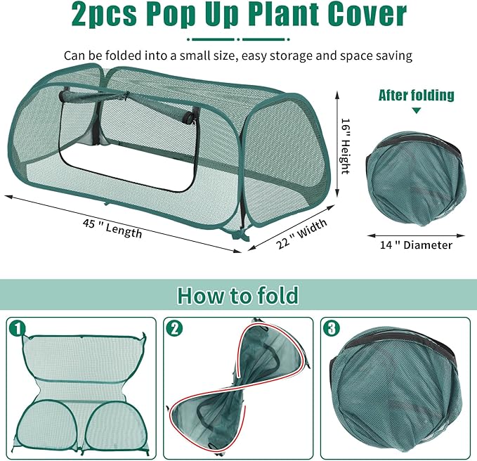 2Pack Garden Covers for Raised Beds Pop Up Mesh Plant Covers for Outdoors 30% Sunblock Plant Shade Tent Crop Cage for Seedlings Vegetable Against Birds Animals with 8 Stakes (45X22X16)