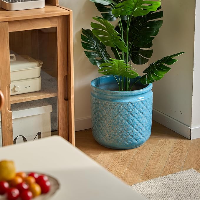 Handmade Ceramic Flower Pot Set of 3 15129 Inch Diameter Blue with Geometric Pattern for Orchids IndoorOutdoor Use on Windowsill Bookshelf Breathable Clay