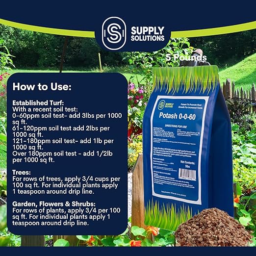 Supply Solutions Muriate of Potash 0-0-60 Fertilizer - High Potassium Fertilizer for Lush Crops &amp Blooms Ideal for Acidic Plants (5lbs)