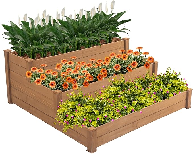 GERRIT 48.6 x 48.6 x 21inch 3 Tier Raised Garden Bed Horticulture Outdoor Elevated Flower Box Wooden Tiered Garden Bed Vegetables Growing Planter for Backyard/Patio/Gardener (Brown)