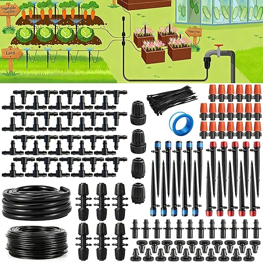 135PCS 240FT Drip Irrigation System Set Automatic Drip Irrigation Kit for Greenhouse Yard Lawn Plant with 1/2 inch Hose 1/4 inch Distribution Tubing and Accessories