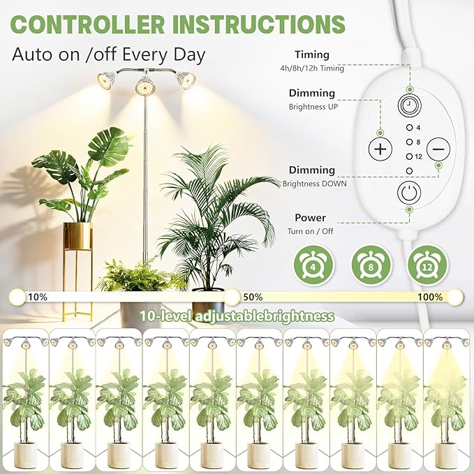 Full Spectrum Grow Lights for Indoor Plants 3 Heads Aluminum Alloy Growing Lamps Covers More Plants 15-62In Height Adjustable Plant Light with Detachable Tripod Stand Auto On/Off Timer for Offices