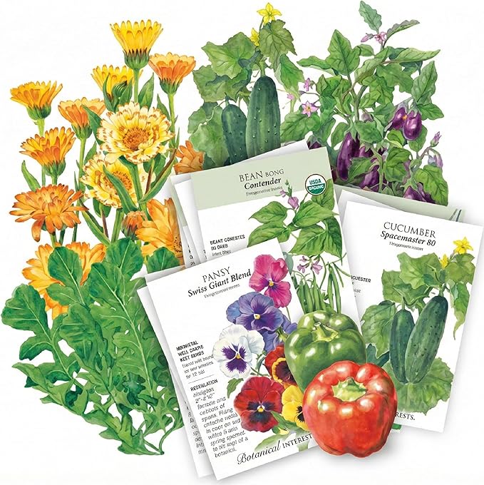 Botanical Interests: Container Garden Seed Bundle - 12 Individual Seed Packets: Non-GMO Compact Vegetable &amp Flower Seeds: Grow Your Own Food in Pots &amp Small Spaces