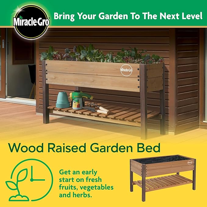 Miracle-GRO 2 x 4 Ft. Wooden Raised Garden Planter with Shelf 6.4 Cu. Ft. Above Ground Garden with Powder-Coated Metal Brackets for Decks and Yards
