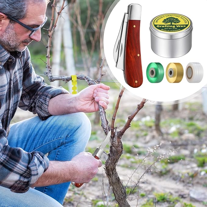 Grafting Kit 8 Oz Grafting Wax 2-5/8 Curved Straight Blades Garden Knife 3 Tape 12 Plant Labels for Successful Floral Fruit Tree