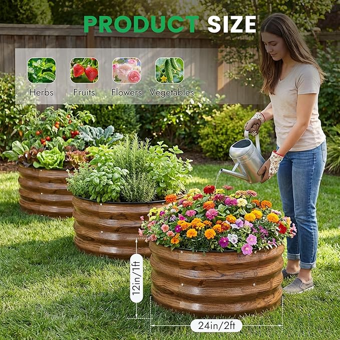 INNO STAG 3 Pcs Round Galvanized Raised Garden Bed — 2×2×1ft Planter Box Outdoor Raised Beds Kit for Gardening Vegetables Fruits Herbs and Flowers Grain