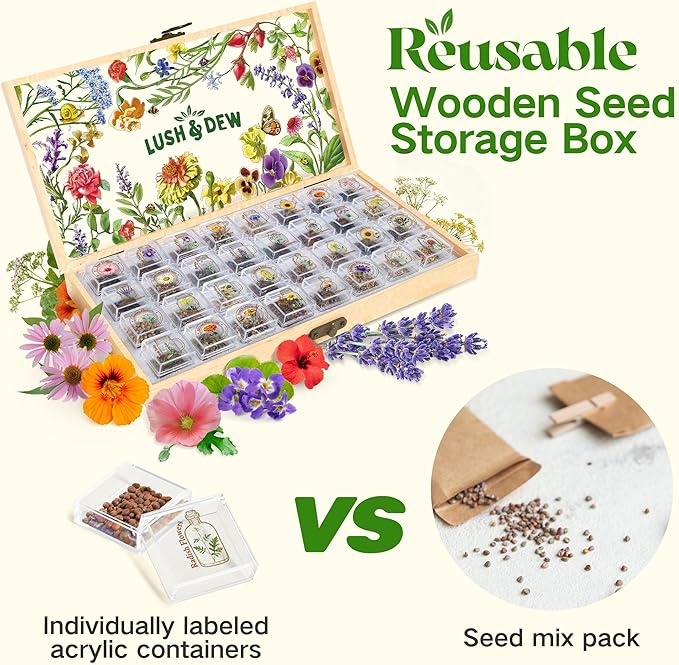 Lush&ampDew Edible Flower Seed Bank with Almanac Gardening Gifts for Women Men 32 Types 30000+ Non-GMO Heirloom Seeds for Planting Culinary Flowers Survival Seed Kit Annual Perennial Zone 3-11