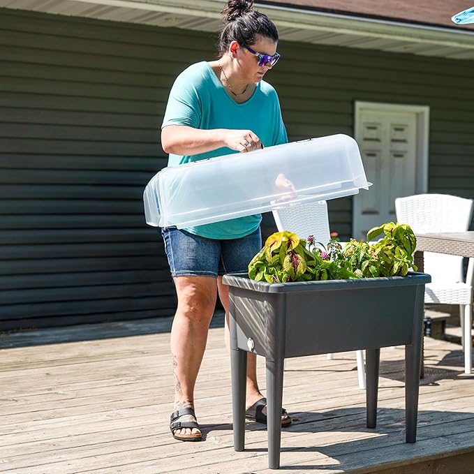 Sunnydaze Self-Watering Raised Garden Bed with Cover - Includes Water Tube - Polypropylene Construction - Gray