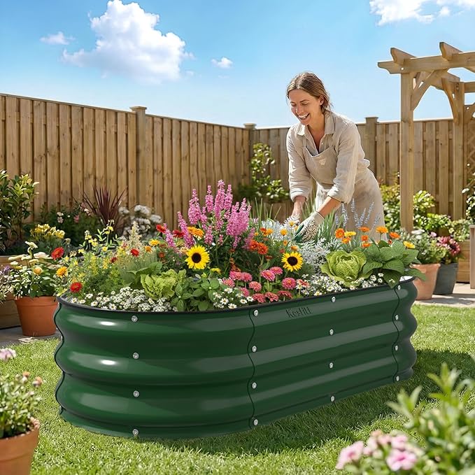 Kesfitt Raised Garden Bed 4x2x1 FT Galvanized Steel Metal Raised Garden Bed Oval Open-Bottom Design 12-Inch Deep for Outdoor Vegetable &amp Herb Gardening Forest Green