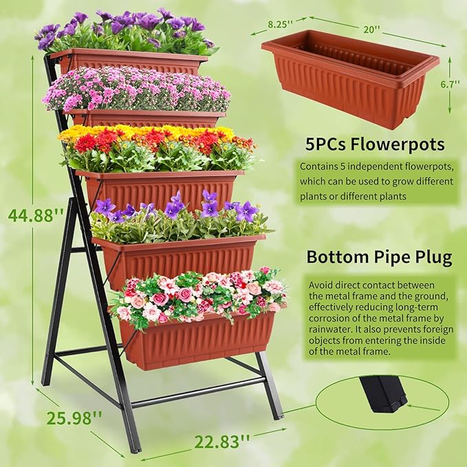 Homdox 3.74FT Vertical Garden Bed 5 Tiers Raised Garden Planter 23 * 26 * 45Inch Outdoor Stand with 4 Hooks for Vegetable Flower Patio Yard Brown