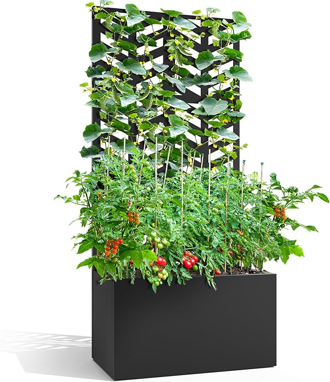 FENCY Metal Planter Box with Trellis Planter Trellis for Climbing Plants Vegetable Vines Trellis with Planter Box &amp Privacy Screen Raised Garden Bed with Drainage Holes (23.6 L x 63 H/Arrow)