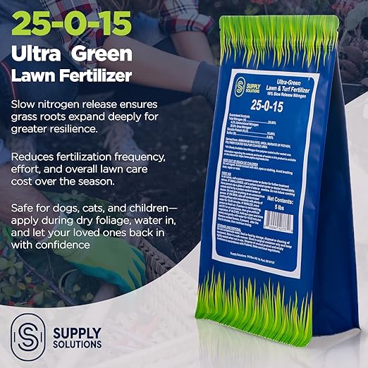 Supply Solutions 25-0-15 Ultra Green Lawn and Turf Fertilizer - 16% Slow Release Nitrogen - Promotes Lush Green Lawns and Strong Root Growth Reduces Mowing Frequency (5 Pounds)