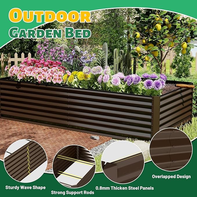 8×4×2 ft Galvanized Raised Garden Bed Outdoor Planter GBoxes Large Metal Planter Box for Gardening Vegetables Fruits Flowers Brown