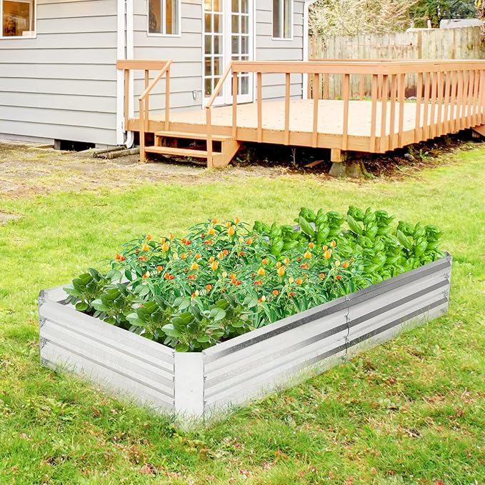 Giantex 2 Pcs Galvanized Raised Garden Bed 6x3x1ft Large Metal Planter Box with Gloves Outdoor Bottomless Planter Raised Bed Kit for Vegetables Flowers Herbs Fruits Silver