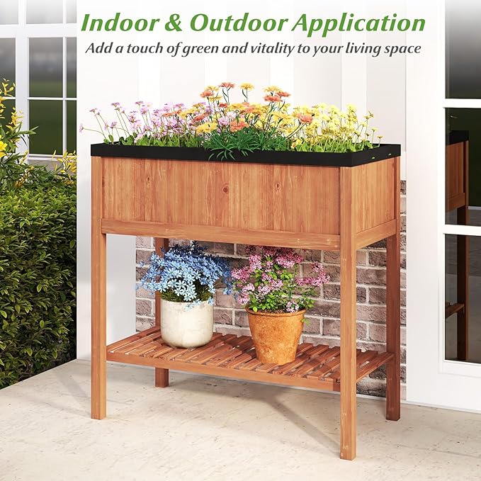 2-Tier Wooden Raised Garden Bed Elevated Planter Bed with Legs Liner &amp Storage Shelf for Vegetable Flower &amp Herb Outdoor Gardening Box for Backyard Patio Balcony 220 LBS Capacity