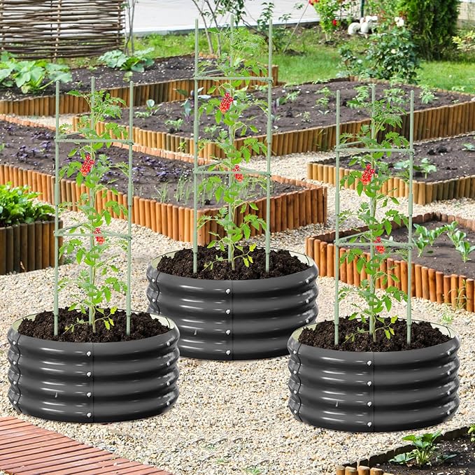 3 Pcs 2x2x1ft Round Galvanized Raised Garden Bed Kit with Tomato Cages Metal Planter Box Outdoor Raised Garden Beds for Gardening Vegetables Flowers Black