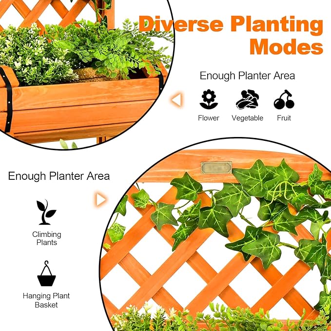 HAPPYGRILL Raised Garden Bed 2-Tier Planter with Trellis &amp 2 Planter Boxes for Climbing Plants Flower Herb Growing Indoor &amp Outdoor Planter Raised Bed for Yard Patio