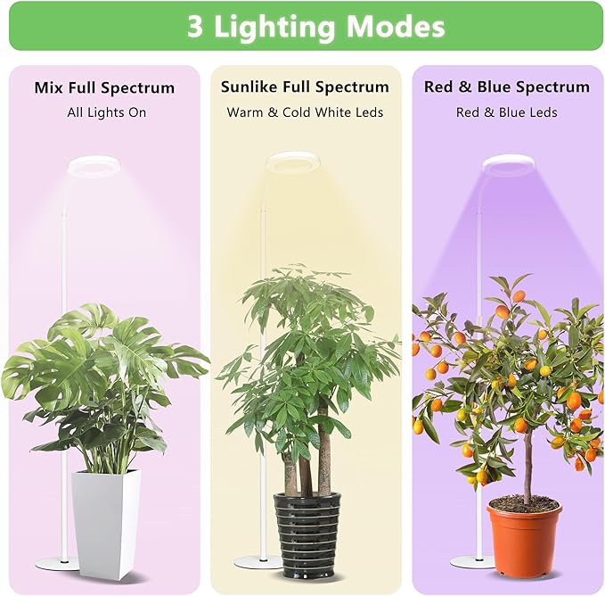 Grow Light for Indoor Plants Full Spectrum LED Halo Plant Lights with Stand Floor Standing Growing Lamp with Adjustable HeightAuto Timer for Tall Large Plant (20W-White)