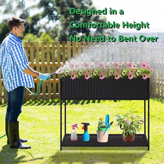 Kinpaw Rattan Raised Garden Bed with Liner- Planter Box with Underneath Tool Storage Rack Elevated Planting Containers with Legs Handmade Wicker Plants Pot Holder for Herbs Vegetables Flowers