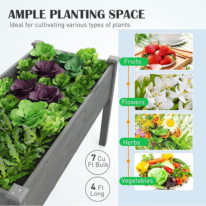 Giantex Raised Garden Bed Elevated Planter Box with Legs Drain Holes Wood Planter Raised Beds for Vegetables Flower Herb Standing Plant Grow Container for Backyard Patio 48 Lx22 Wx30 H