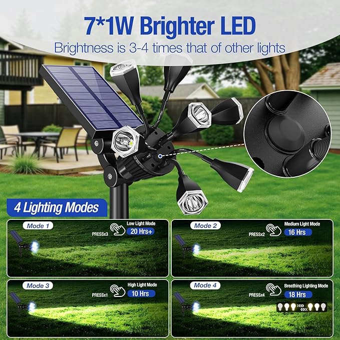 Solar Spot Lights Outdoor 1000LM IP68 Waterproof Solar Lights Outdoor with 7x360° Adjustable Metal Hose 4 Lighting Modes Spotlights for Garden Pathway Yard Landscape 4 Pack (Cool White)