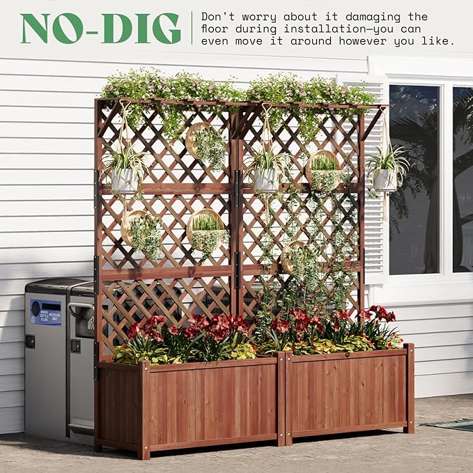 AMERLIFE Raised Garden Bed with Trellis for Vegetables Climbing Plants Durable Natural Wood Planter Box with Drainage Holes Privacy Planter for Outdoor Yard &amp Patio Easy Assembly