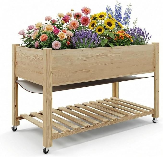 PioneerWorks 32 Tall Raised Garden Bed Elevated Wooden Horticulture Planter Box with Wheels &amp Shelf for Mobility Waterproof Liner Included 220 lbs Capacity for Outdoor/Indoor Use(Natural)