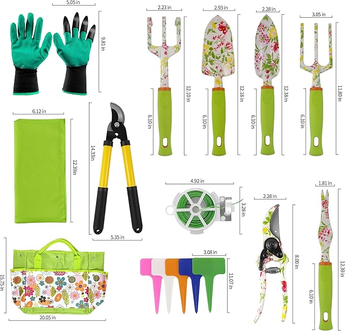 41-Piece Premium Gardening Tool Set Stainless Steel Heavy Duty Gardening Tool Kit with Non-Slip Rubber Grip Storage Tote Bag Outdoor Hand Tools Ideal Gardening Gifts for All (Pink Floral)